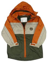 Khaki-béžovo-oranžová šusťáková jarní bunda s výšivkou a kapucí  zn. X-mail 