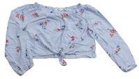 Bílo-modré pruhované lehké crop triko s kytičkami zn. H&M