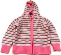 Bílo-růžovo-barevný pruhovaný propínací svetr s kapucí zn. TU 