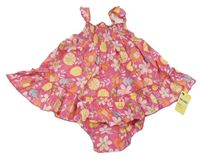 2 set - Růžovo-barevné květované lehké šaty + kalhoty zn. Mothercare