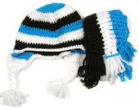Set- Modro- bílo- hnědá pruhovaná pletená čepička a šálička