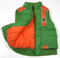 Zeleno-oranžová šusťáková zateplená vesta s nášivkou a nápisem