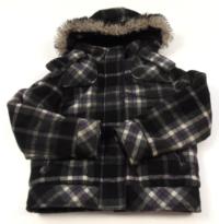 Černo-šedo-bílý vlněný kostkovaný zimní kabátek s kapucí zn. F&F 