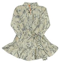 Smetanovo-světlehnědo-tmavošedé vzorované propínací košilové šaty s páskem zn. RIVER ISLAND