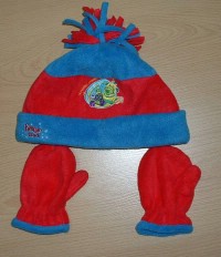 Set - modro-červená fleecová čepička s obrázkem + rukavičky