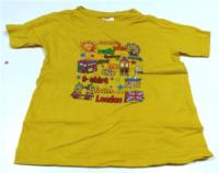 Žluté tričko s barevným nápisem a obrázky 