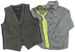 3 set - Šedá pruhovaná košile + tmavošedá vesta + zelená kravata 