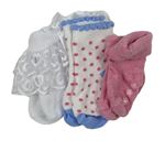 3x ponožky - bílé krajkou + bílé puntíkaté + růžové melírované