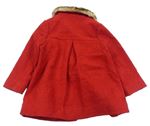 Červený vzorovaný vlněný podšitý kabát s kožešinovým límečkem zn. George