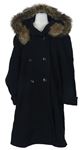 Dámský černý vlněný kabát s kapucí s kožíškem Laura Lebek 