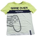 Bílo-neonově žluto-modré tričko s potiskem Playstation George