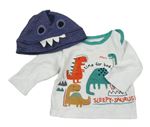 2set - Bílé triko s dinosaury +modrá čepice s příšerkou 