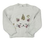 Bílý chlupatý svetr s kočičkou z flitrů M&Co