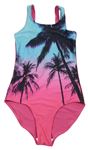 Růžovo-tyrkysové jednodílné plavky s palmami H&M