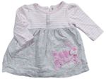 Šedo-růžovo-bílé bavlněné šaty s pruhy a puntíky s kočičkou Mothercare