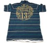 Modré pruhované tričko s čísly a límečkem vel. 146 cm
