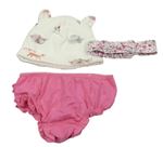 3set - Růžové kalhotky na plenku + bílá bavlněná čepice se zvířaty + růžová květovaná čelenka