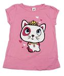 Růžové tričko s kočičkou a srdíčky C&A