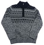 Černo-bílý melírovaný pletený svetr se vzorem St. Bernard
