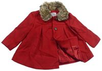 Červený flaušový podšitý kabát s kožešinovým límečkem zn. F&F