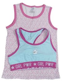 2Set - Bílo/růžová košilka s kytičkami, mátovo/tmavorůžová lambáda s hvězdičkou zn. PEP&CO