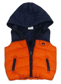 Oranžovo-tmavomodrá šusťáková zateplená vesta s kapucí zn. F&F