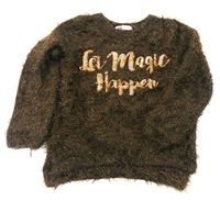 Hnědý chlupatý třpytivý svetr s nápisem zn. H&M