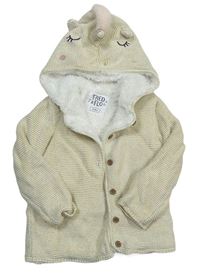 Béžový třpytivý propínací zateplený svetr s kapucí - jednorožec zn. F&F