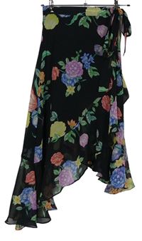 Dámská černá květovaná šifonová sukně s páskem a cípy zn. Topshop vel. 32