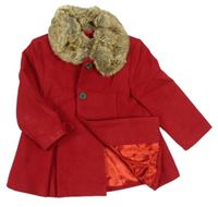 Červený flaušový podšitý kabát s mašličkami a kožešinovým límečkem zn. F&F