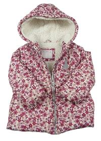 Bílo-růžová květovaná šusťáková zimní bunda s kapucí zn. Nutmeg