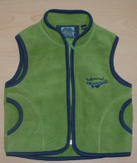 Zeleno-modrá propínací fleecová vestička s výšivkou