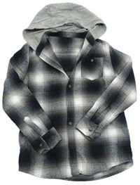 Tmavomodro/hnědo-šedo-bílá kostkovaná flanelová košile s kapucí zn. St. Bernard