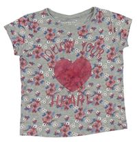 Šedo-růžové květované tričko se srdcem zn. Primark