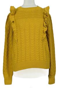 Dámský hořčicový vzorovaný svetr s volánky zn. M&S