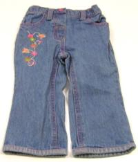 Modré riflové kalhoty s kytičkami ;vel. 6-12 měs 