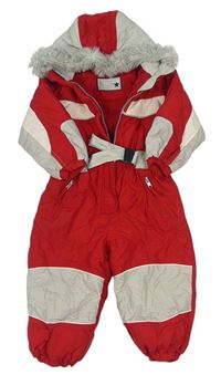 Červeno-šedá šusťáková zimní kombinéza s páskem a kapucí  