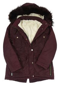 Vínový šusťákový zimní kabát s kapucí s kožešinou zn. Matalan