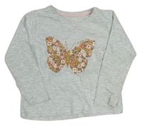 Světlešedé melírované triko s motýlkem s kytičkami zn. Primark