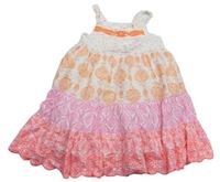Smetanovo-oranžovo-křiklavě růžovo/korálové letní šaty se vzorem a kytičkami a flitry zn. Bluezoo