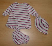 3Set - Pruhované triko + pruhované kalhotky + fialový oteplený semišový  kloubouček s nápisem zn. Mothercare