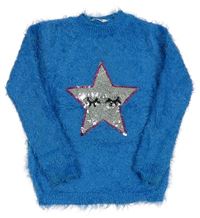 Modrý chlupatý svetr s hvězdou zn. M&Co.