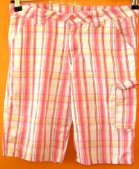 Dámské růžové kostkované 3/4 plátěné kalhoty