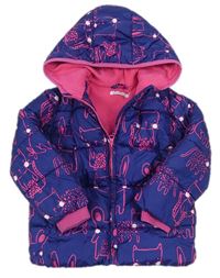 Tmavomodro-růžová šusťáková zimní bunda se zvířátky a kapucí zn. Bluezoo