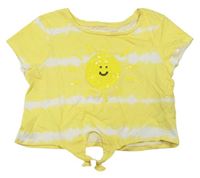 Žluto-bílé pruhované crop tričko se sluníčkem z flitrů zn. Primark