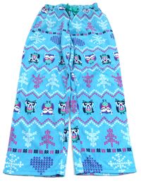 Světlemodré fleecové vzorované pyžamové kalhoty se sovičkami