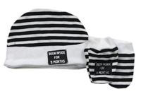 2pack  - Černo-bílá pruhovaná čepice + rukavice 