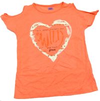 Neonově oranžové tričko s potiskem a průstřihy zn. F&F 
