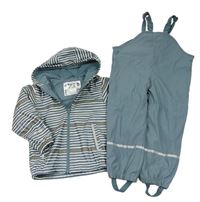 2set- Modrošedá pruhovaná nepromokavá jarní bunda s kapucí+ nepromokavé podšité laclové kalhoty zn. Lupilu