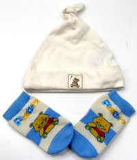 Set: smetanová kojenecká čepička s medvídkem + modro-béžové pruhované ponožky s medvídkem Pů